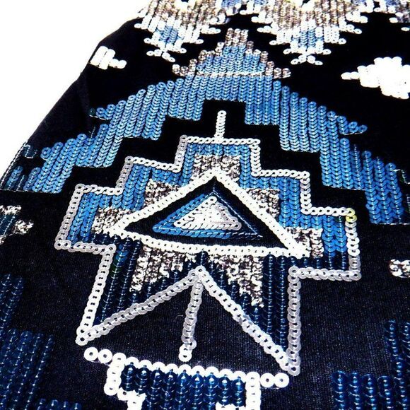 Express Women’s Blue Sequin Mini Skirt – Geometric Aztec Pattern - Picture 3 of 6